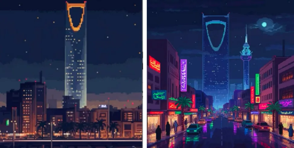 الذكاء الاصطناعي يحول المدن السعودية إلى تحف بكسلية مستوحاة من ألعاب الفيديو التسعينية